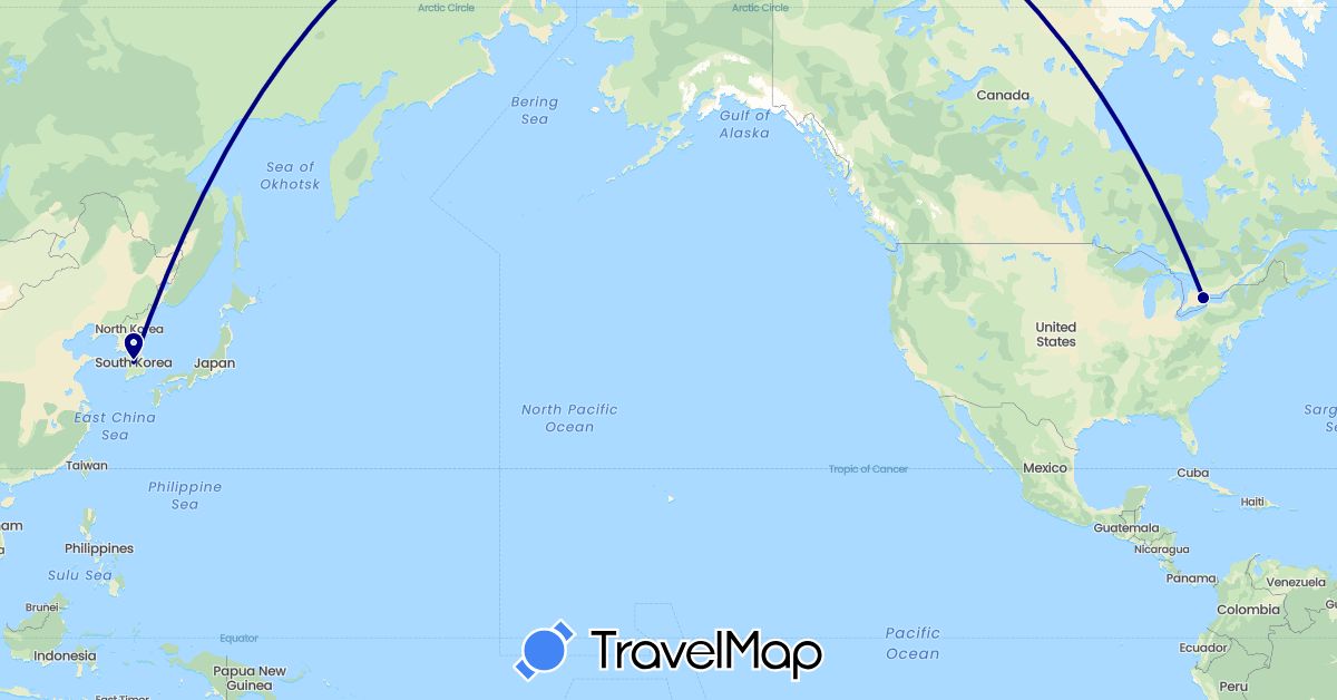 TravelMap itinerary: driving in Canada, South Korea (Asia, North America)